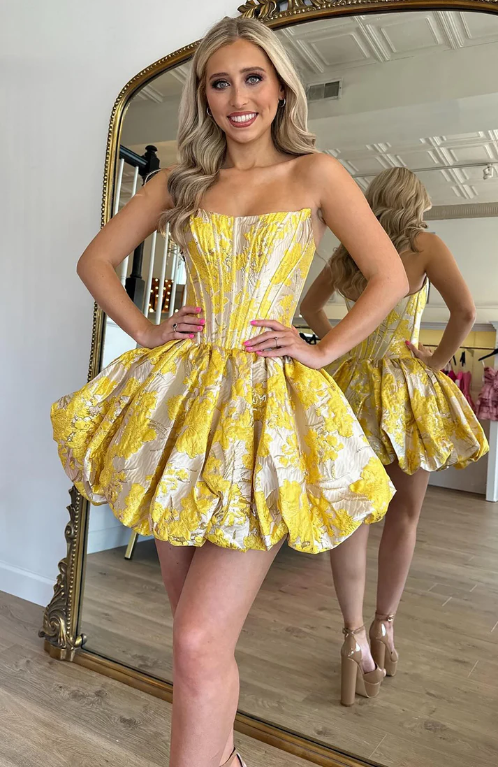 A Line Satin Floral Printed Corset Homecoming Dressses Yellow Party Dresses