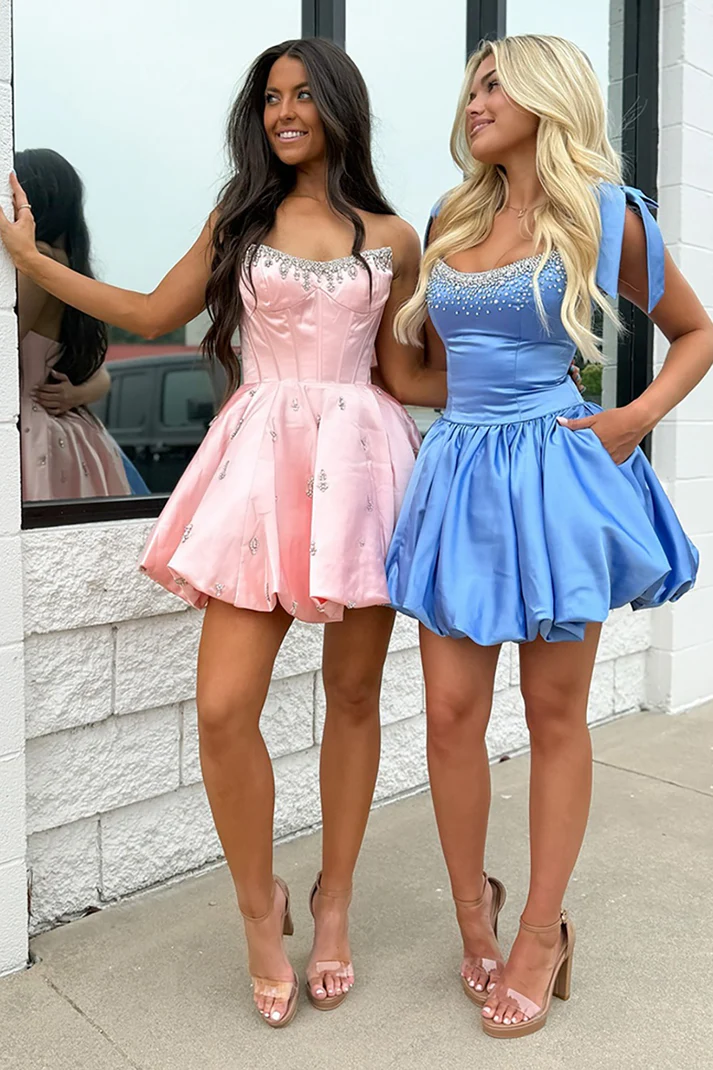 A Line Strapless Homecoming Dresses Satin Beaded Corset Cocktail Gowns