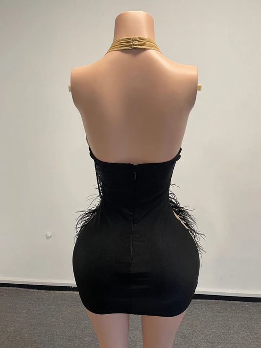 Luxury Beaded Tassels Short Formal Prom Party Dress 2025 Sexy Halter Black/Green Feathers African Women Birthday Gown Customized