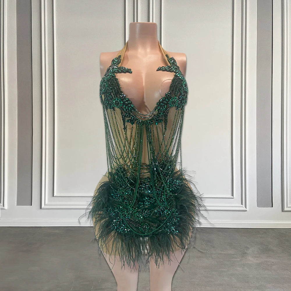 Luxury Beaded Tassels Short Formal Prom Party Dress 2025 Sexy Halter Black/Green Feathers African Women Birthday Gown Customized