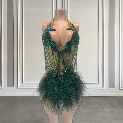Luxury Beaded Tassels Short Formal Prom Party Dress 2025 Sexy Halter Black/Green Feathers African Women Birthday Gown Customized