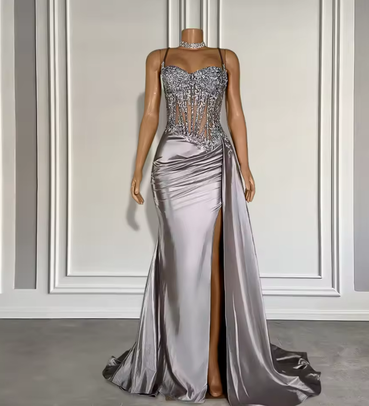 Applique Long Prom Dresses 2025 Black Spaghetti Straps Evening Formal Gowns Elegant Mermaid Birthday Dress with Slit Customized