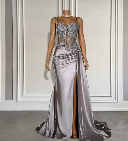 Applique Long Prom Dresses 2025 Black Spaghetti Straps Evening Formal Gowns Elegant Mermaid Birthday Dress with Slit Customized