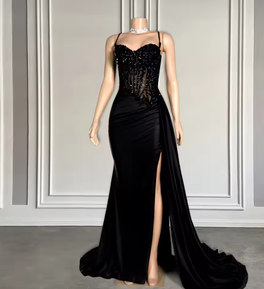 Applique Long Prom Dresses 2025 Black Spaghetti Straps Evening Formal Gowns Elegant Mermaid Birthday Dress with Slit Customized