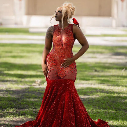 فستان طويل للحفلات الراقصة للفتيات ذوات البشرة السوداء، حورية البحر، مزين بالترتر والخرز والكريستال، فساتين حفلات أعياد الميلاد، فستان سهرة مخصص