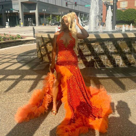 Vestido de baile laranja solitário, sereia, vestido de festa, vestido de noite personalizado