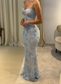 Baby Blue Sheath V Neck Beaded 3D Floral Lace Prom Dress Evening Dress