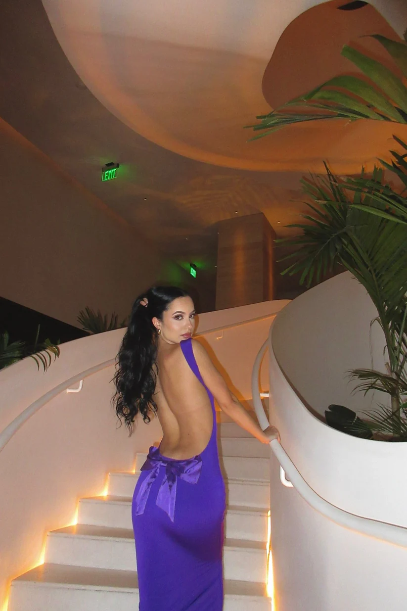 Backless Pink Bow Cowl Neck Long Dress