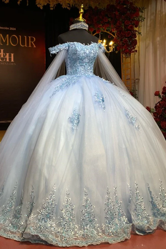 Ball Gown Off Shoulder Sleeveless Fully Sequins Beaded Appliques Baby Blue Tulle Quinceanera Dress Evening Formal Gown Birthday Party Dress for Sweet 16