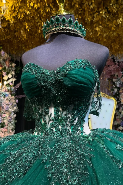 Ball Gown Off Shoulder Sleeveless Pleated Fully Beaded Appliques Dark Green Tulle Quinceanera Dress Birthday Party Dress Formal Evening Gown for Sweet 16