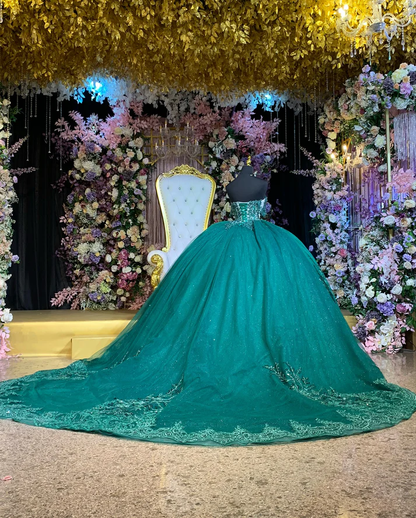 Ball Gown Off Shoulder Sleeveless Pleated Fully Beaded Appliques Dark Green Tulle Quinceanera Dress Birthday Party Dress Formal Evening Gown for Sweet 16