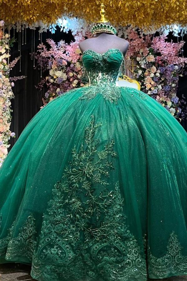 Ball Gown Off Shoulder Sleeveless Pleated Fully Beaded Appliques Dark Green Tulle Quinceanera Dress Birthday Party Dress Formal Evening Gown for Sweet 16