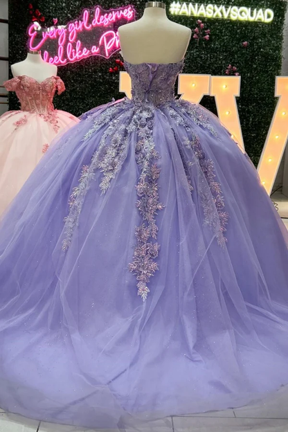 Ball Gown Strapless Sleeveless Fully Sequins Flower Appliques Pleated Lilac Tulle Quinceanera Dress Evening Formal Gown Birthday Party Dress for Sweet 16