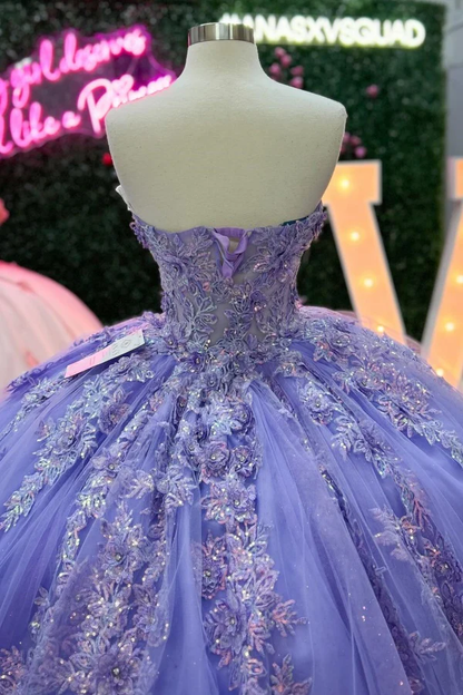 Ball Gown Strapless Sleeveless Fully Sequins Flower Appliques Pleated Lilac Tulle Quinceanera Dress Evening Formal Gown Birthday Party Dress for Sweet 16
