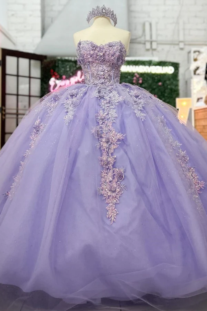 Ball Gown Strapless Sleeveless Fully Sequins Flower Appliques Pleated Lilac Tulle Quinceanera Dress Evening Formal Gown Birthday Party Dress for Sweet 16