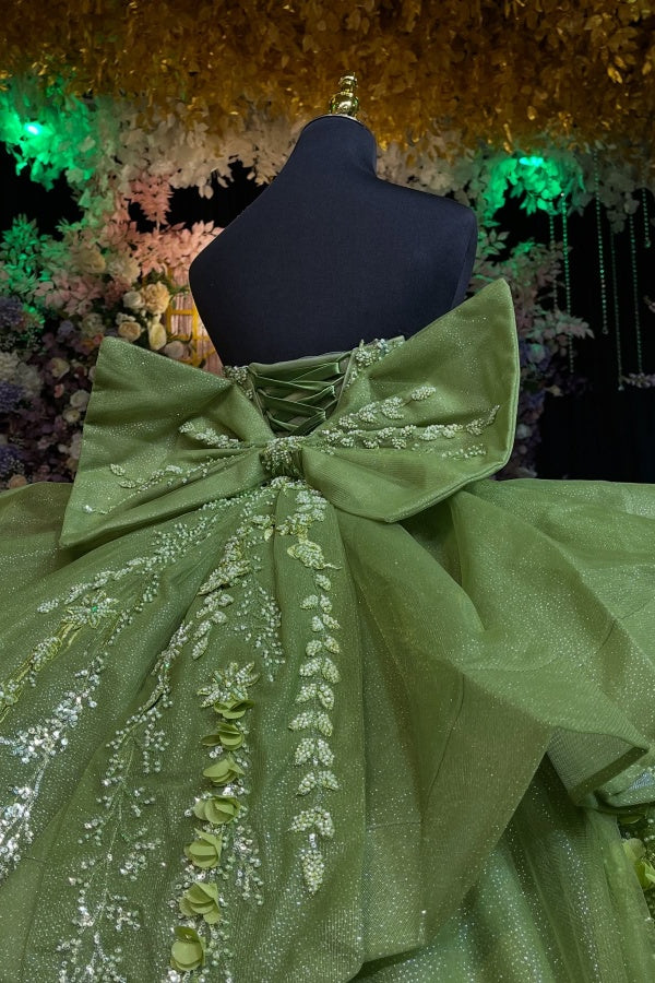Ball Gown Strapless Sleeveless Pleated Fully Beaded Appliques Shawl Bow Knot Sage Green Tulle Quinceanera Dress Birthday Party Dress for Sweet 16 Evening Formal Gown