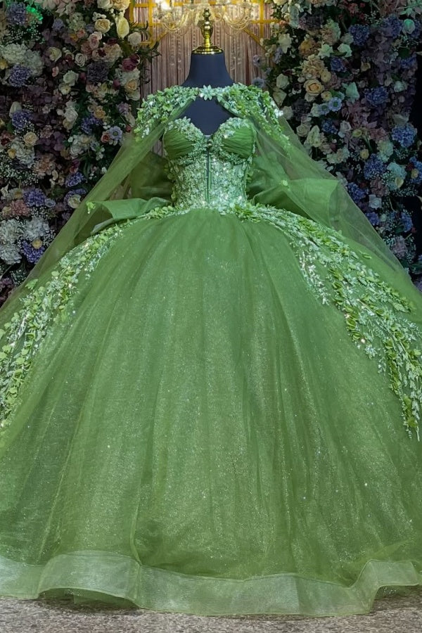 Ball Gown Strapless Sleeveless Pleated Fully Beaded Appliques Shawl Bow Knot Sage Green Tulle Quinceanera Dress Birthday Party Dress for Sweet 16 Evening Formal Gown
