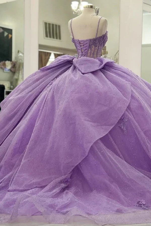 Ball Gown Strapless Spaghetti Straps Sleeveless Beaded 3D Flowers Appliques Pleated Bow Knots Purple Tulle Quinceanera Dress Evening Formal Gown Birthday Party Dress for Sweet 16