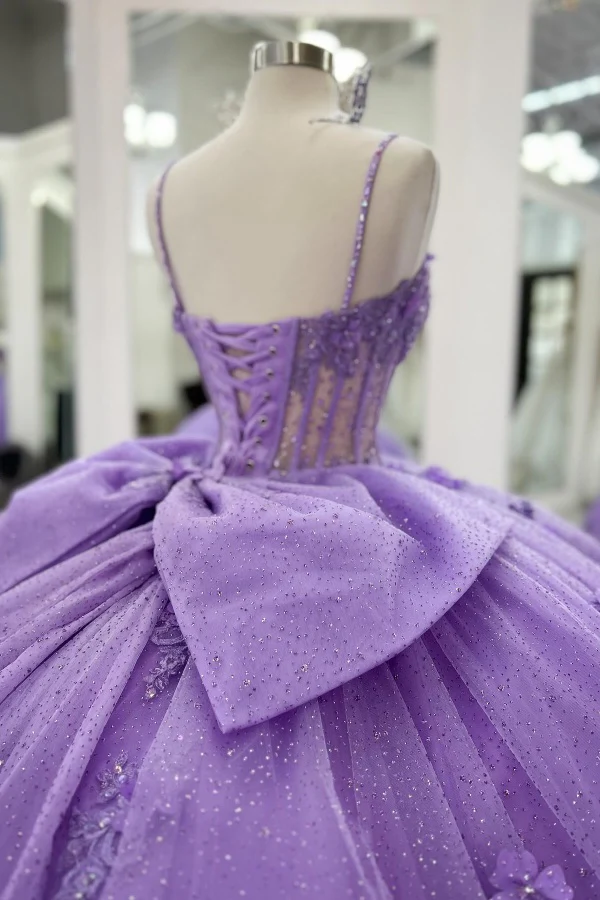 Ball Gown Strapless Spaghetti Straps Sleeveless Beaded 3D Flowers Appliques Pleated Bow Knots Purple Tulle Quinceanera Dress Evening Formal Gown Birthday Party Dress for Sweet 16