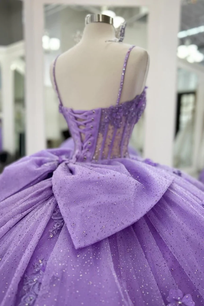 Ball Gown Strapless Spaghetti Straps Sleeveless Beaded 3D Flowers Appliques Pleated Bow Knots Purple Tulle Quinceanera Dress Evening Formal Gown Birthday Party Dress for Sweet 16