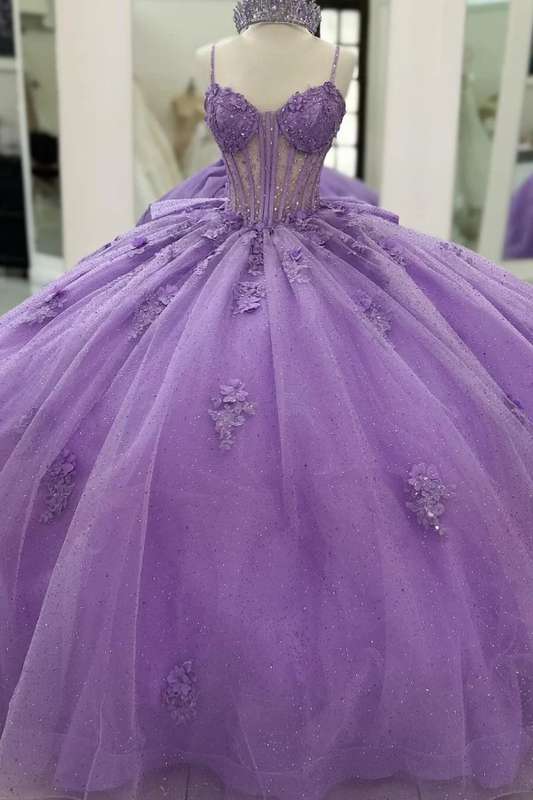 Ball Gown Strapless Spaghetti Straps Sleeveless Beaded 3D Flowers Appliques Pleated Bow Knots Purple Tulle Quinceanera Dress Evening Formal Gown Birthday Party Dress for Sweet 16