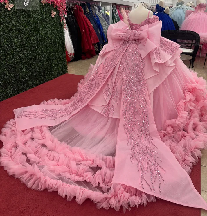 Ball Gown Tulle Lace Beaded Ruffles Pink Quinceanera Dresses for Sweet 16