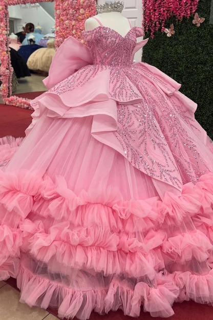 Ball Gown Tulle Lace Beaded Ruffles Pink Quinceanera Dresses for Sweet 16