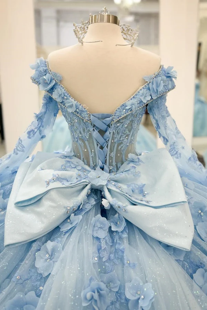 Ball Gown V Neck Detachable Long Sleeves Pleated Beaded 3D Flowers Appliques Sparkly Baby Blue Tulle Quinceanera Dress Birthday Party Dress Evening Formal Gown for Sweet 16