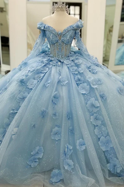 Ball Gown V Neck Detachable Long Sleeves Pleated Beaded 3D Flowers Appliques Sparkly Baby Blue Tulle Quinceanera Dress Birthday Party Dress Evening Formal Gown for Sweet 16