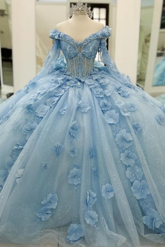 Ball Gown V Neck Detachable Long Sleeves Pleated Beaded 3D Flowers Appliques Sparkly Baby Blue Tulle Quinceanera Dress Birthday Party Dress Evening Formal Gown for Sweet 16