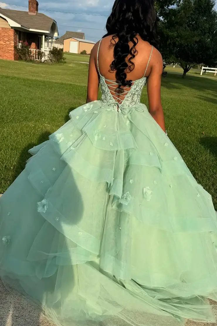 Ball Gown V Neck Sage Green Tulle Prom Gown with 3D Appliques