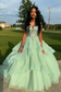 Ball Gown V Neck Sage Green Tulle Prom Gown with 3D Appliques