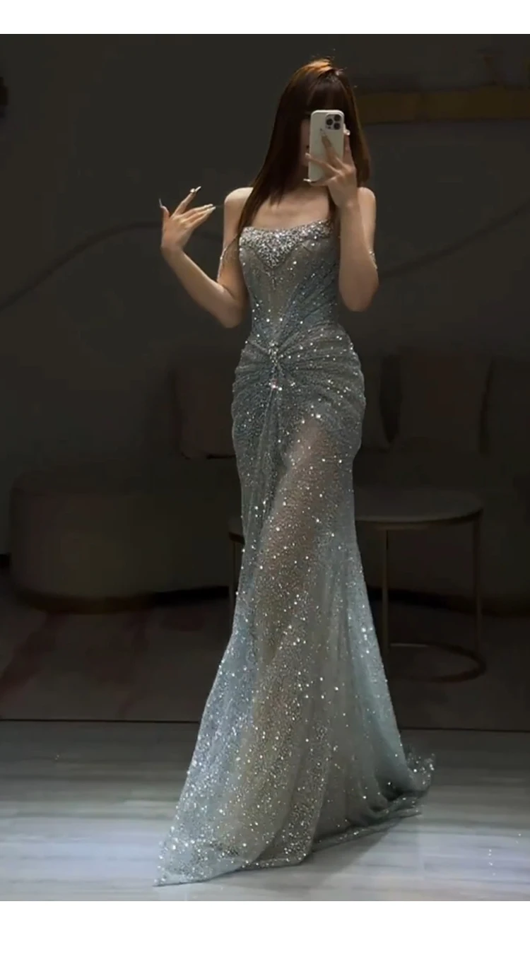 Beaded Draped Mermaid Gown For Women Party Prom 2026 Customized