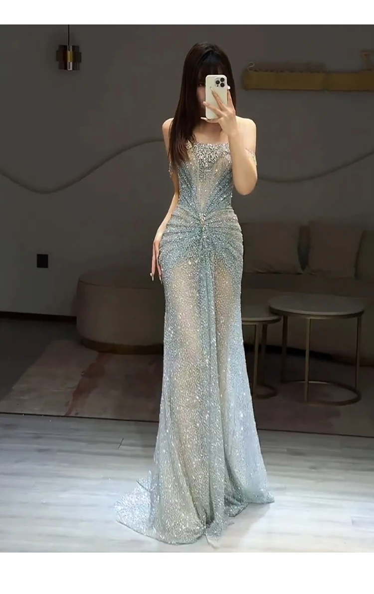 Beaded Draped Mermaid Gown For Women Party Prom 2026 Customized