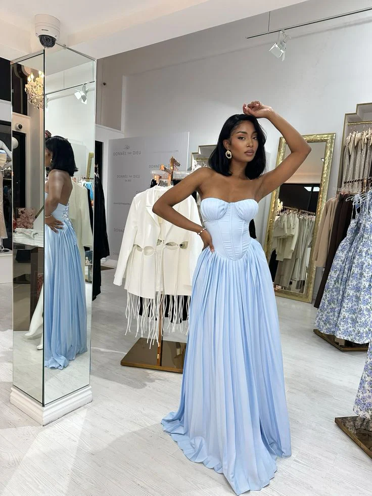 Beautiful Blue Strapless A Line Bridesmaid Dress Princess Birthday Party Dress