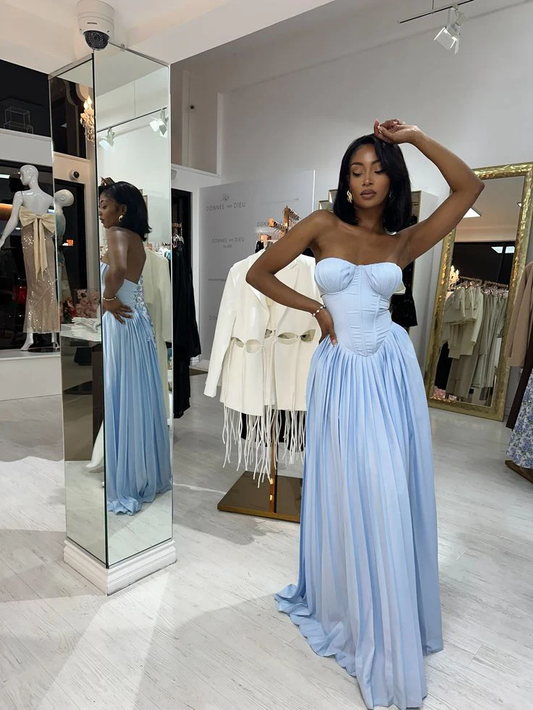 Beautiful Blue Strapless A Line Bridesmaid Dress Princess Birthday Party Dress