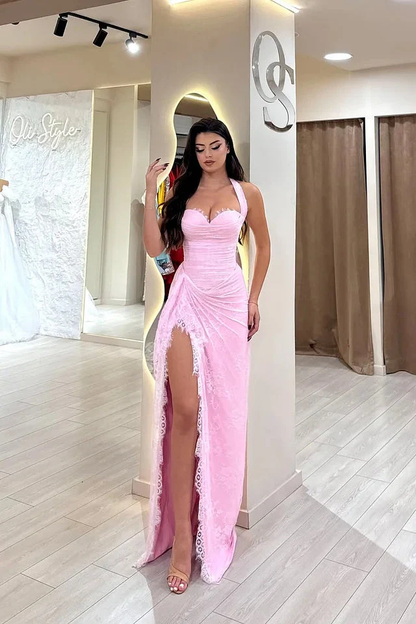 Beautiful Pink Sweetheart Halter Sleeveless Lace Prom Dress Mermaid With Side Split