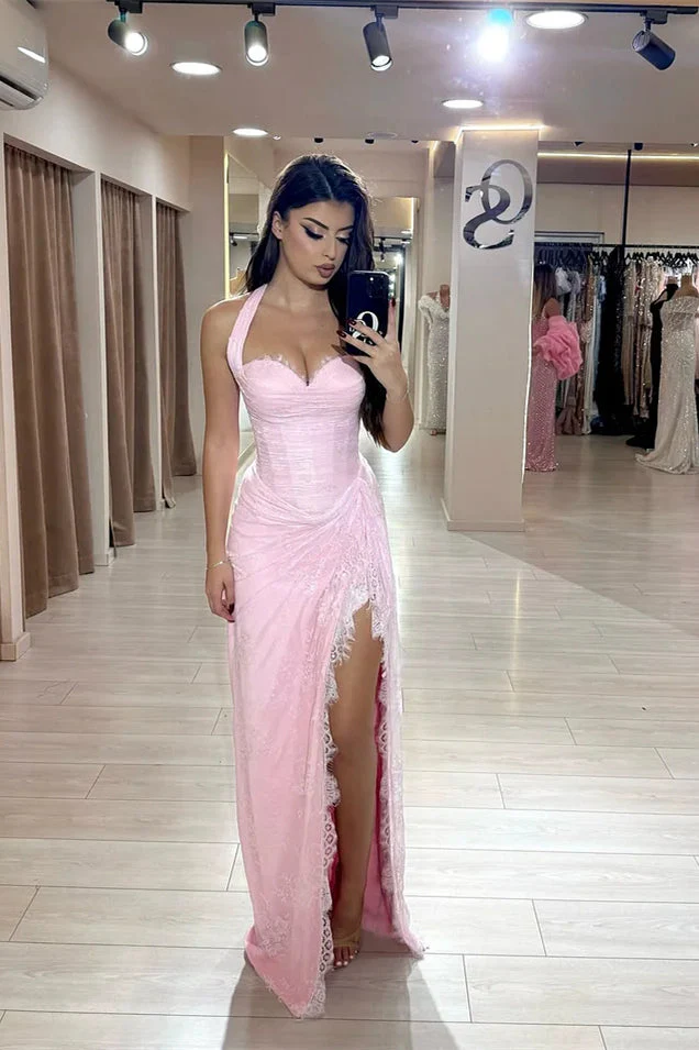Beautiful Pink Sweetheart Halter Sleeveless Lace Prom Dress Mermaid With Side Split