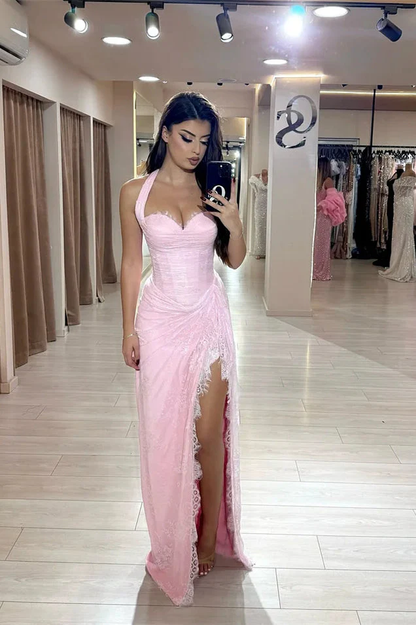 Beautiful Pink Sweetheart Halter Sleeveless Lace Prom Dress Mermaid With Side Split