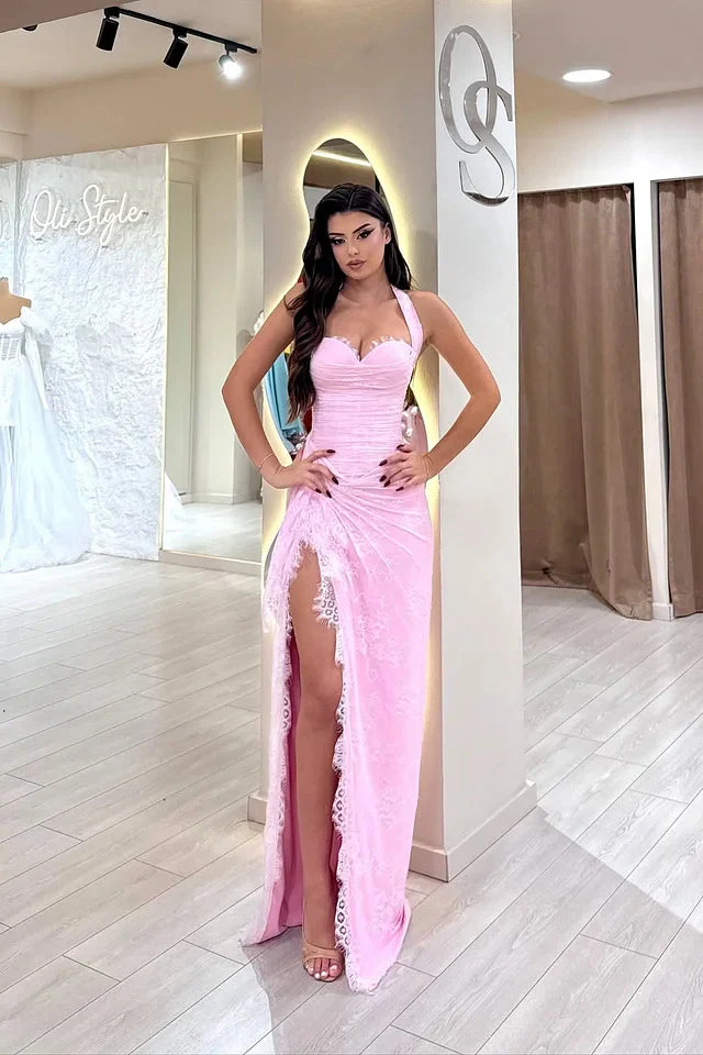 Beautiful Pink Sweetheart Halter Sleeveless Lace Prom Dress Mermaid With Side Split