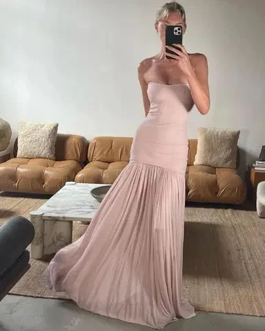 Beautiful Strapless Pink Chiffon Mermaid Party Dress Prom Dress