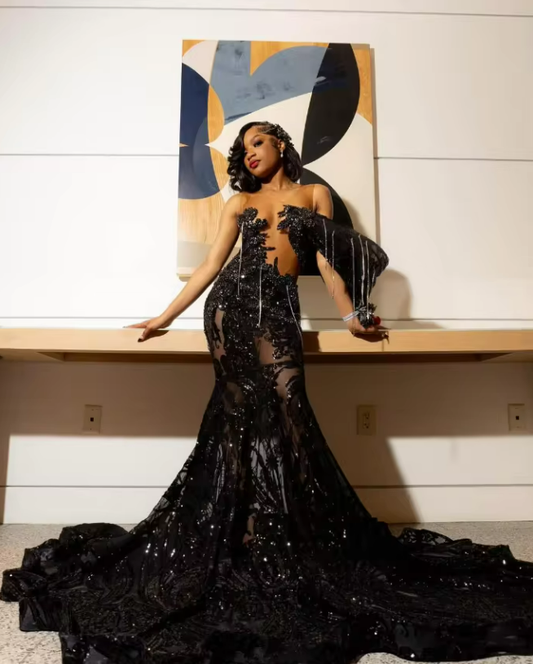 Black Sparkly Mermaid Long Evening Formal Dresses Luxury Diamond Crystal Gillter Customsized Sheer Mesh Prom Gala Gown