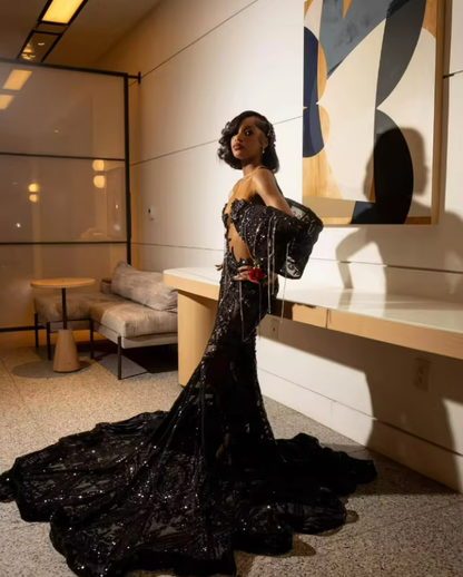 Black Sparkly Mermaid Long Evening Formal Dresses Luxury Diamond Crystal Gillter Customsized Sheer Mesh Prom Gala Gown