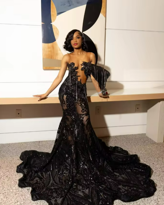 Black Sparkly Mermaid Long Evening Formal Dresses Luxury Diamond Crystal Gillter Customsized Sheer Mesh Prom Gala Gown