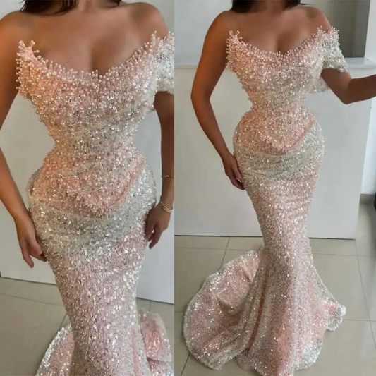 Bling Evening Dresses Mermaid Sleeveless With Full Crystals Sequins Floor-Length Plus Size Formal Occasion Dress Customized