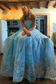 Blue A-Line Strapless Lace Appliques Sleeveless Long Prom Dress