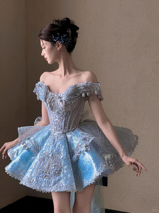 Blue A Line Off the Shoulder Exquisite Beaded Sequin Short Homecoming Dress