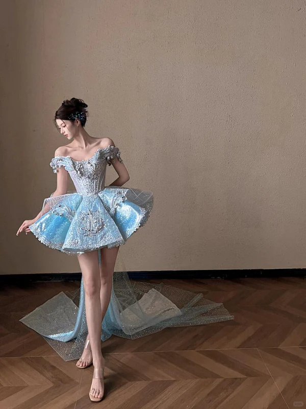 Blue A Line Off the Shoulder Exquisite Beaded Sequin Short Homecoming Dress