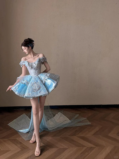 Blue A Line Off the Shoulder Exquisite Beaded Sequin Short Homecoming Dress