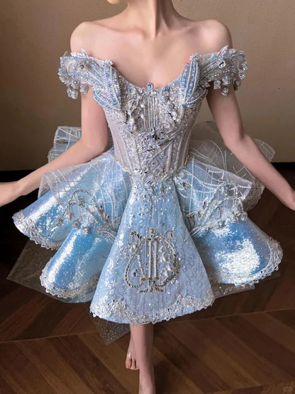 Blue A Line Off the Shoulder Exquisite Beaded Sequin Short Homecoming Dress